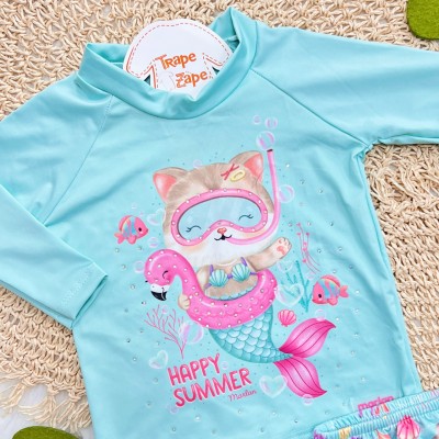 Linha Praia - Blusa com Proteção UV50+ e Calcinha Gatinha Seria - Verde Água